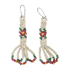 Vintage Beaded Flower Drop Earrings Red Green Off-White Seed Bead Dangle 2.5"